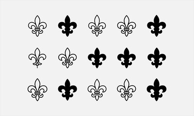 A grid showcasing various stylized fleur de lis emblems, rendered in diverse color palettes and line weights vector illustration © lokshmon