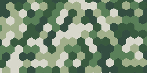Abstract military camouflage hexagon pattern background seamless geometric green texture, digital tech camo backdrop minimalist polygon mosaic vector illustration design wallpaper. © Abu Bokkor Siddique