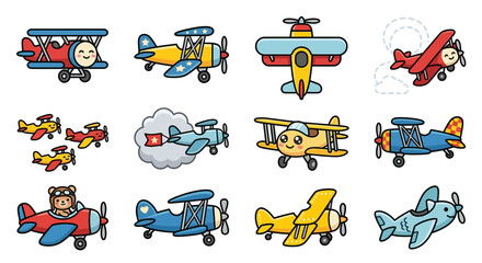 Colorful cartoon airplane and biplane icons for children designs. © Kesya