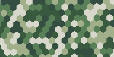 Abstract military camouflage hexagon pattern background seamless geometric green texture, digital tech camo backdrop minimalist polygon mosaic vector illustration design wallpaper. © Abu Bokkor Siddique
