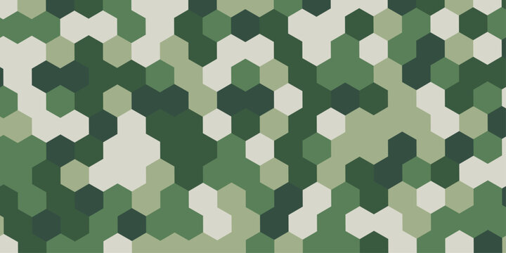 Abstract military camouflage hexagon pattern background seamless geometric green texture, digital tech camo backdrop minimalist polygon mosaic vector illustration design wallpaper.
