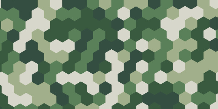 Abstract military camouflage hexagon pattern background seamless geometric green texture, digital tech camo backdrop minimalist polygon mosaic vector illustration design wallpaper.