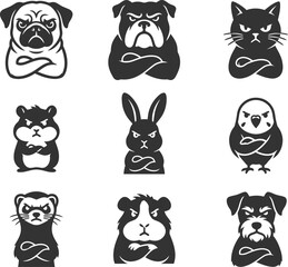 Obraz premium Domestic pet and small animal silhouettes with arms crossed on white