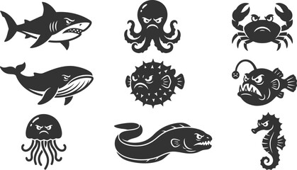 Set of aggressive sea creature silhouettes for marine life design themes © Vecto_Pixels