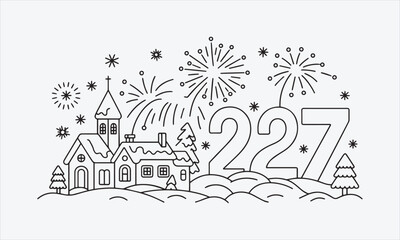 Naklejka premium Christmas village new year line art set illustration. Church, houses vector illustration