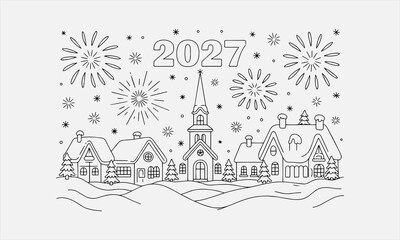 Naklejka premium Christmas village new year line art set illustration. Church, houses vector illustration