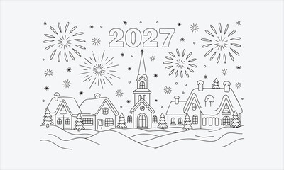 Naklejka premium Christmas village new year line art set illustration. Church, houses vector illustration