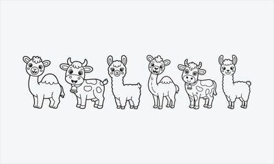 Fototapeta premium Cute camel cow and llama cartoon line art set for kids coloring book isolated vector illustration