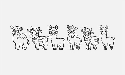 Fototapeta premium Cute camel cow and llama cartoon line art set for kids coloring book isolated vector illustration