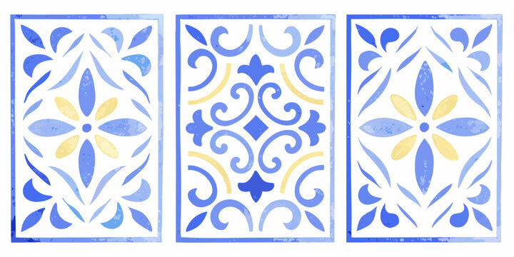 Watercolor blue and yellow tile set with floral ornaments and decorative swirls