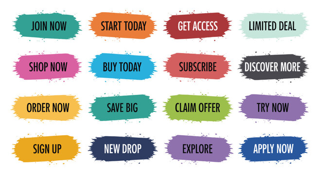 Collection of colorful call to action buttons with textured brush stroke effect