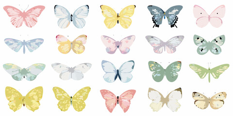 Watercolor pastel butterflies collection on a white background delicate insect illustrations © Anik