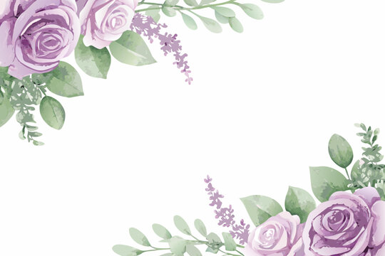 Purple floral ornament with roses and leaves watercolor style on white background