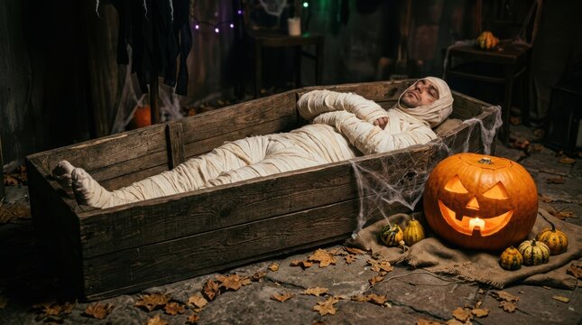 Mummy lying in a wooden coffin for halloween