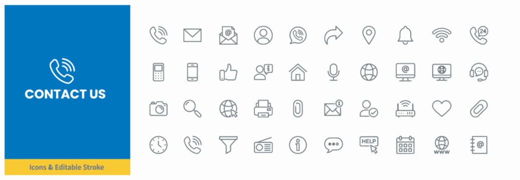 Collection of contact us outline icons for professional business communication systems