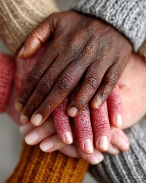 Six female hands supporting each other--diversity, women empowerment, social unity on white background