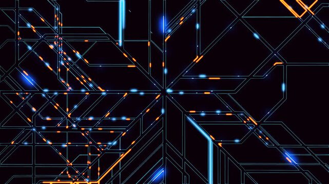 Complex network, public transportation map. Colorful animated subway map, railway map, digital network with intersecting lines and neon nodes on a dark background. Pipeline diagram.