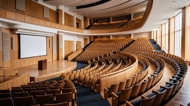 academic environment, a spacious, empty lecture hall with warm wood tones and soft afternoon light