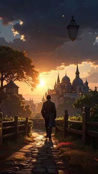 Man walking toward fantasy castle sunset.