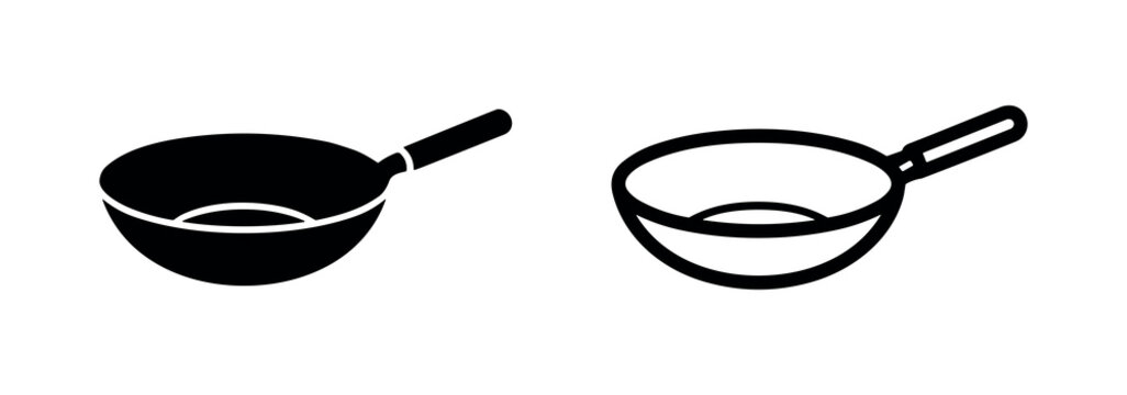 Wok or Deep Frying Pan Icon Set, Asian Cookware and Stir-Fry Symbol, Minimalist Vector Kitchen Utensil