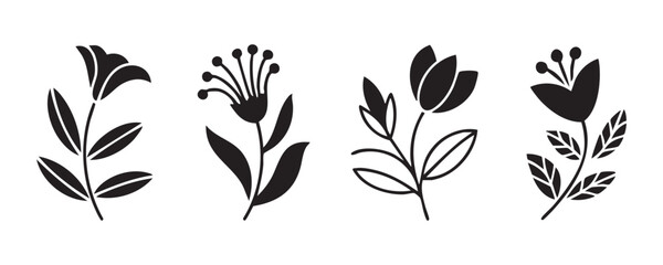 Fototapeta premium Four black silhouette icons of different blooming flowers and stems with leaves for simple design.