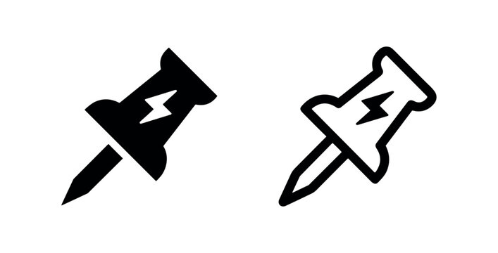 Urgent pushpin or thumbtack icon set, Important note marker symbol, Priority reminder solid and outline icons