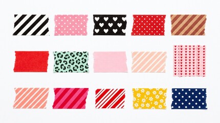 Fototapeta premium Assorted colorful washi tape strips with various patterns arranged neatly on a plain white background