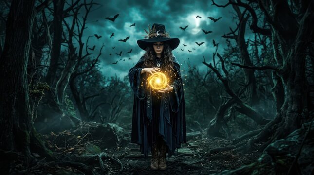 Witch casting magic spell in dark forest