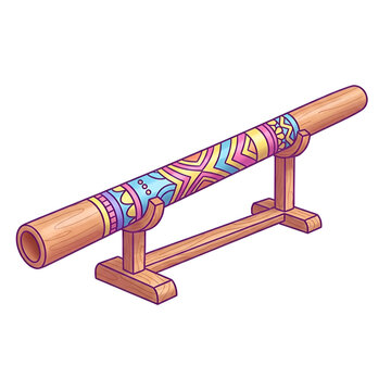 Illustrated Australian didgeridoo with colorful aboriginal patterns on a wooden stand.