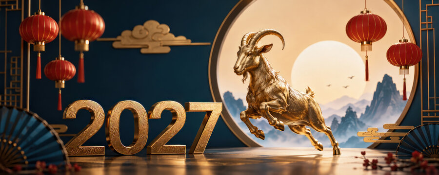 Luxury Chinese New Year 2027 Banner with Golden Goat and Red Lanterns