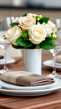 Elegant table setting with white rose bouquet and dinnerware for festive celebration