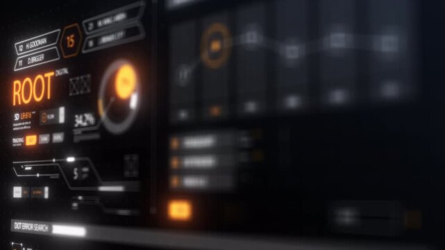 Futuristic Digital HUD Interface Displaying Complex Data Analytics and System Root Access.