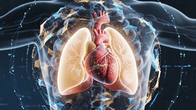digital rendering of human anatomy scan highlighting heart, lungs, and kidneys in a clinical setting with blue highlights and top-down view for medical education and healthcare study.