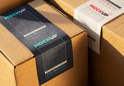 Branding Stripes Stickers on Cardboard Boxes Mockup