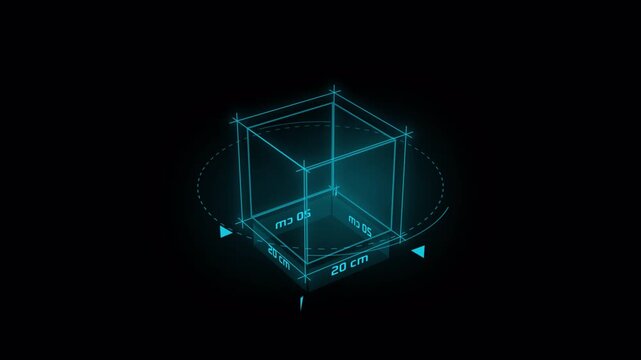 Abstract Digital Wireframe Cube with Dimension Measurements on Dark Background.
