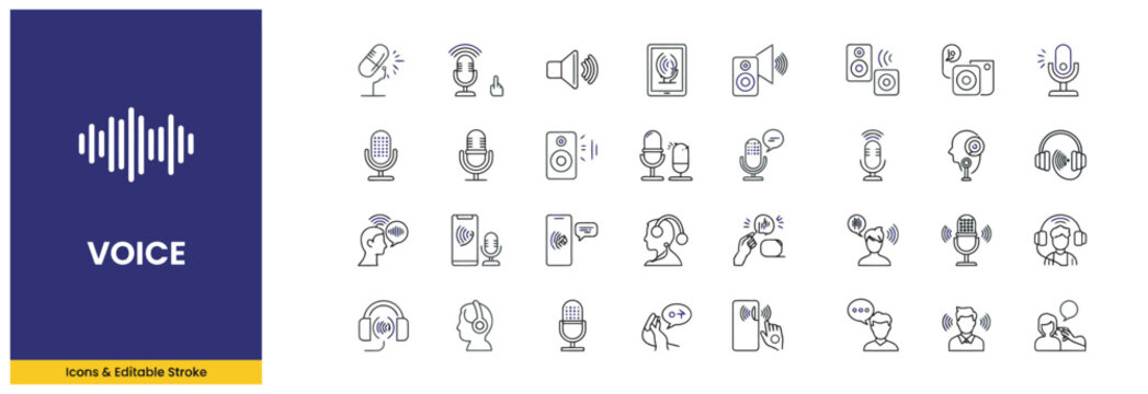 Modern voice and audio communication line icons for digital sound interface design