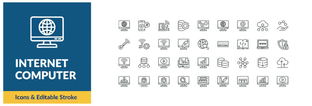 Set of internet and computer technology line icons with editable vector strokes