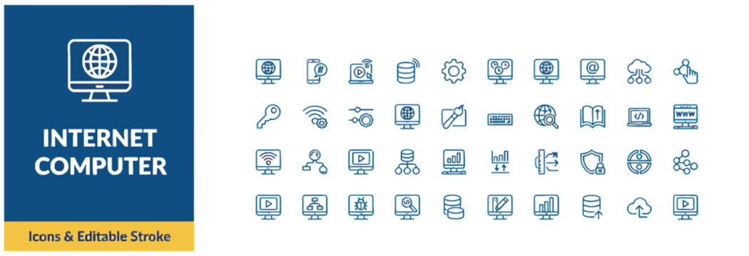 Collection of internet and computer technology line icons with editable strokes