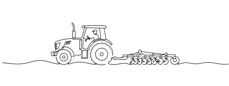 Clean contour drawing of a farm tractor with disc harrow, representing modern agriculture, land cultivation, farming equipment, and crop production.