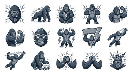 Dark gray gorilla fitness and power icon collection. © Linda