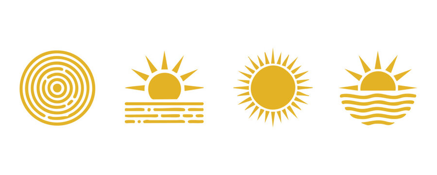 Yellow sun icon set featuring sunrise sunset over ocean waves and concentric circle solar designs.