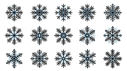 Decorative crystalline snowflake icons for winter design. © Linda