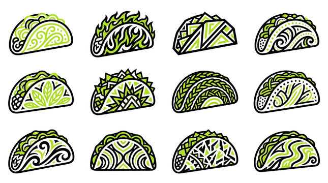 Decorative taco icons with green geometric shell patterns.