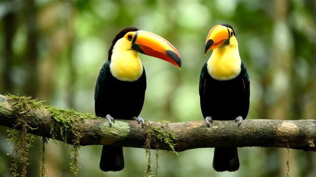 Two toucans display vibrant beaks while perched on a branch in a lush jungle. Surrounded by greenery, they interact playfully. Concept of wildlife, nature tourism, avian conservation