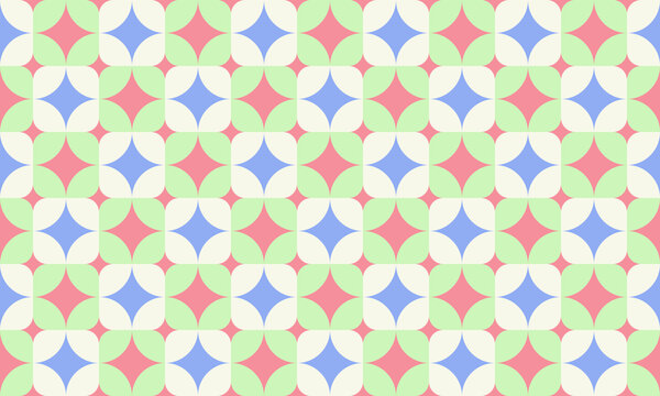 High resolution seamless pastel geometric pattern, cute mint green, blue and pink retro tiling background.