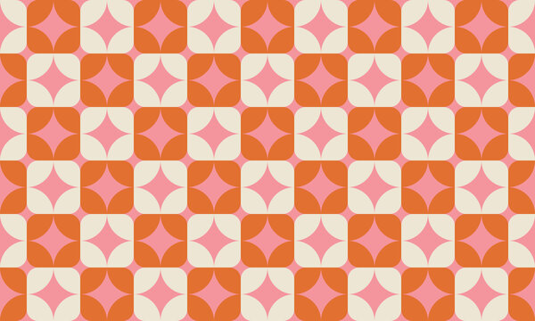High resolution seamless retro 70s geometric pattern, terracotta orange and pastel pink starburst background.