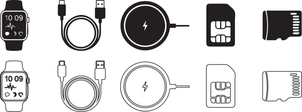 Set of outline and solid icons for smartwatch usb cable wireless charger sim card and micro sd card.
