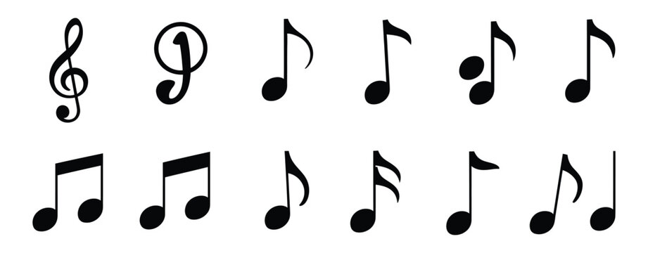 Musical notes with treble clef, bass clef, quarter, half, and whole note symbols, black music notation vector for education, composition, and sheet music.