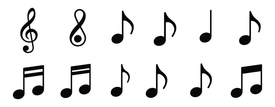 Musical notes with treble clef, bass clef, quarter, half, and whole note symbols, black music notation vector for education, composition, and sheet music.