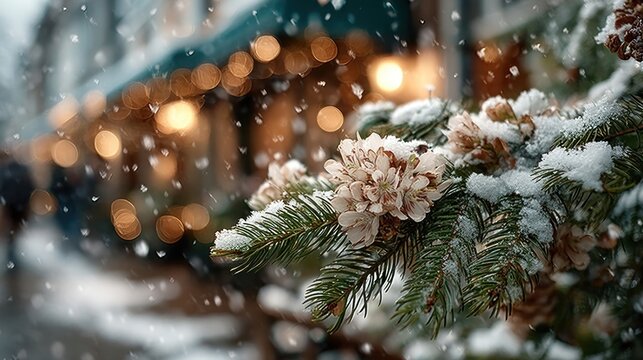 Snow gently falling over Christmas tree branches and garland, festive scene